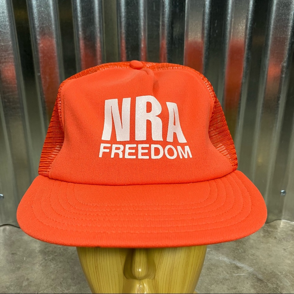 VTG 80s NRA Freedom Trucker Hat Mesh Back USA Made Orange Snapback Retro Gun Cap